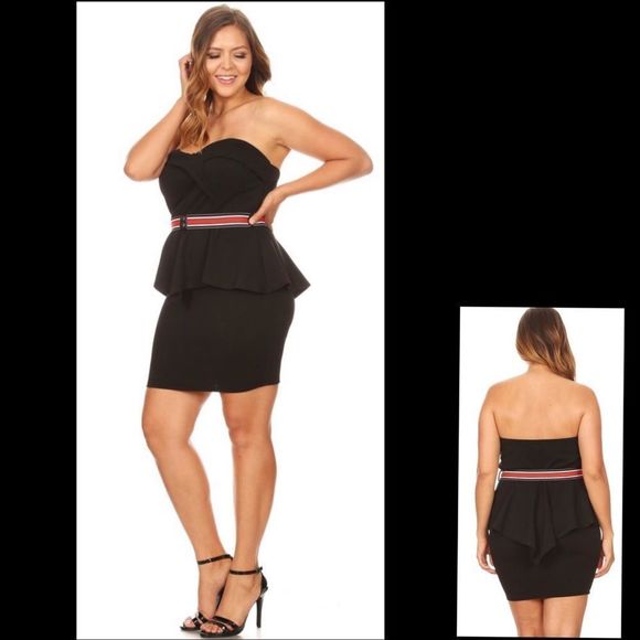 Boutique Dresses & Skirts - Strapless Black  Belted Peplum Dress